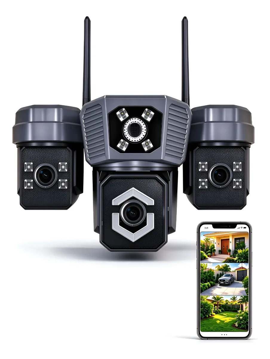 Câmera De Segurança Wifi 3 Lentes Ip66 À Prova Dágu