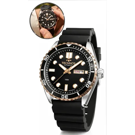 Relógio Technos Masculino Automático Bicolor Prova Dágua 150 Preto