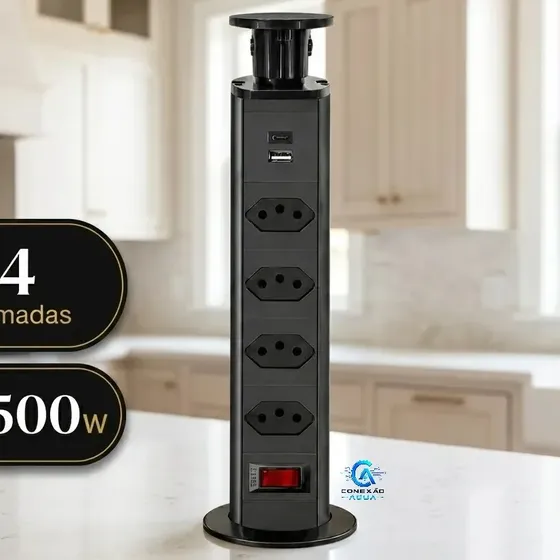 Torre De Tomada 4 Tomadas + Usb + Usb C 10A Retrátil Embutir Bancada Mesa Balcão Inteligente Multiplug Organizadora Hub Multifuncional Escritório Impermeável Granito Mármore Bivolt CONEXÃO AQUA