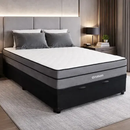 Cama Box Baú Ortobom Núvia Airtech Superpocket Casal Colchão Preto