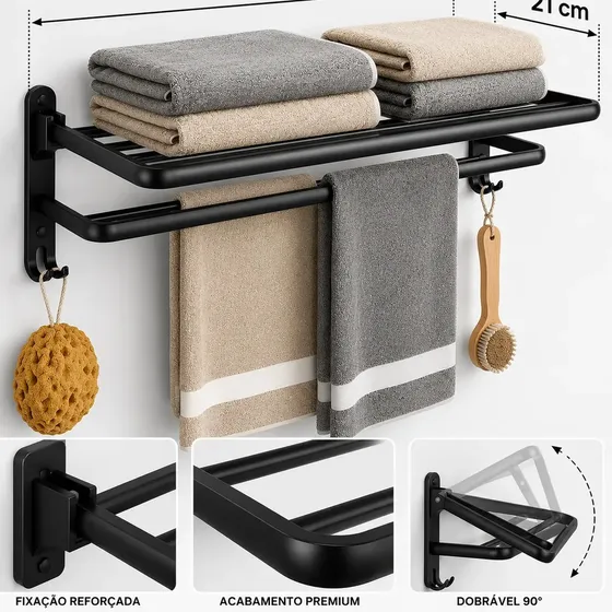 Porta Toalha Para Banheiro De Parede Preto Fosco 60cm Com Ganchos Suporte Toalheiro Duplo Grande