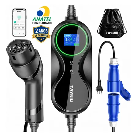 Carregador Portátil para Carro Elétrico TAYNIU Infinity 7kW 32A Tipo 2 com App Tuya Wi-Fi LCD 5m e Adaptador 32A para 20A