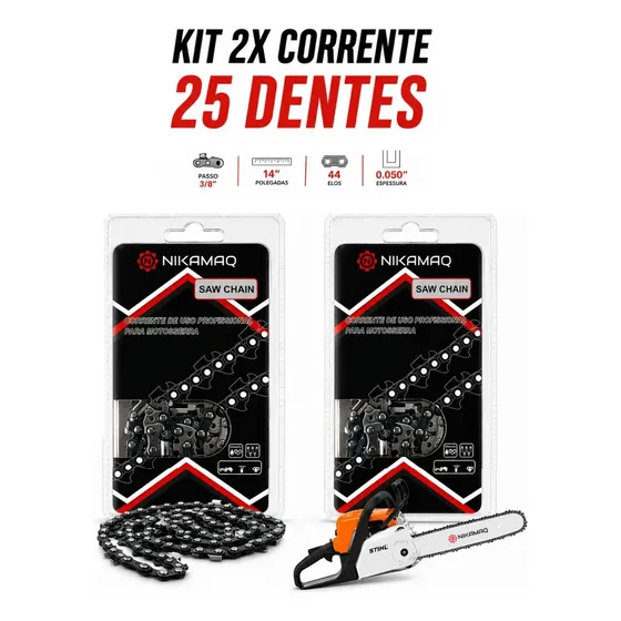 Kit 2 Corrente 25 Dentes Para Motosserra Stihl Ms162 170 172 180 182 210 212 230 250 E 025 Compatível Com Sabre Saibro 14" Polegadas Nikamaq