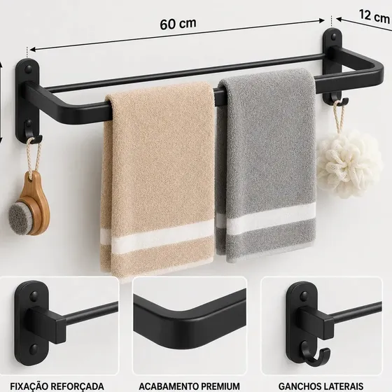 Porta Toalha Para Banheiro De Parede Preto Fosco 60cm Com Ganchos Suporte Toalheiro Simples