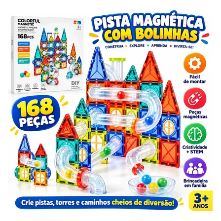 Movebrinca Blocos Magnéticos 168 Peças Com Tubos E Circuito De Bolinhas 3d Brinquedo De Construção Magnético Stem Para Crianças Montar Pistas Criativas Com Peças Coloridas Educativo 3-6 Anos