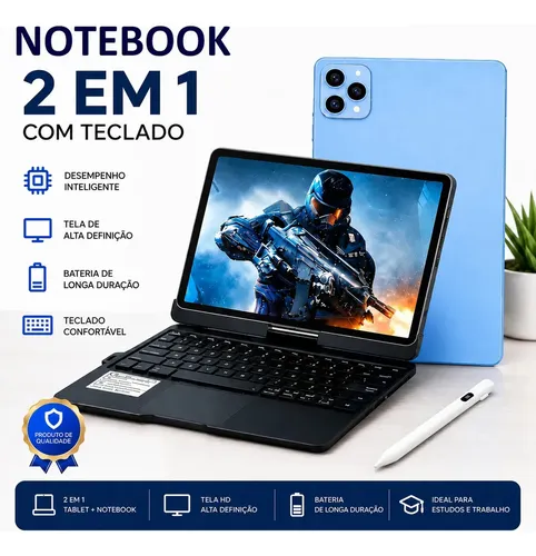 Notebook Android 14 12GB Ram 256GB Armazenamento Tablet 2 Em 1 Tela Rotacional 360° Touch Teclado Mouse WiFi Bluetooth Azul
