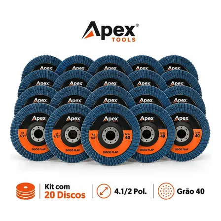Kit Com 20 Discos Flap Para Esmerilhadeira De 4.1/2 Pol. Grão 40 Azul Da Apex Tools