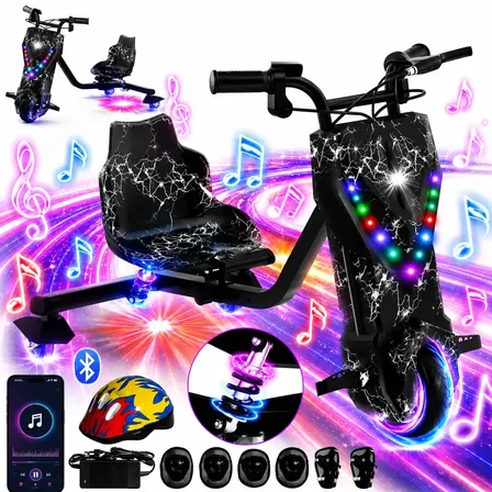 Patinete Elétrico Triciclo Drift Infantil 350W 36V Bluetooth LED 3 Velocidades Motor Brushless Luzes RGB Freio Manual Capacete Kit Proteção Bateria Lítio Ajustável Até 100kg Preto