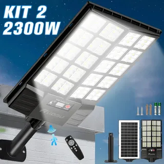 Kit 2 Luminaria Poste Solar 2300w Com Sensor Ip67 Potente Preto