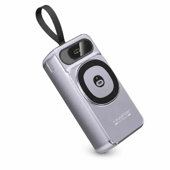 Power Bank H'maston YD80 30000mAh para Celular, Carregamento Rápido com Fio e Sem Fio Magnético, Cabos Integrados e Display Digital, Cinza