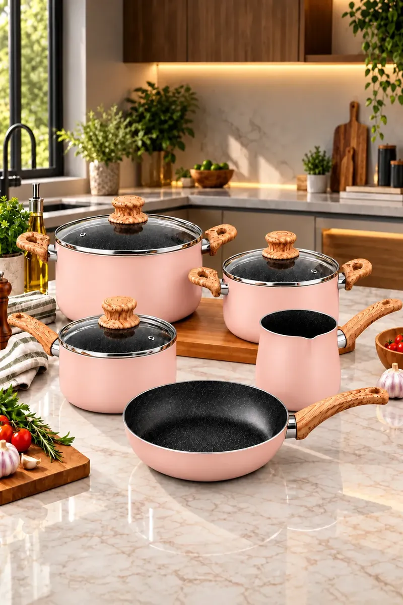 Jogo De Panelas 5 Peças Antiaderente Cerâmica Caçarolas Luxo Rosa