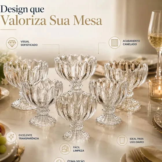 Kit 6 Taças de Vidro Cristal para Sorvete Sobremesa Açaí Mousse Salada de Frutas 135ml Canelada Transparente Base Decorativa Premium