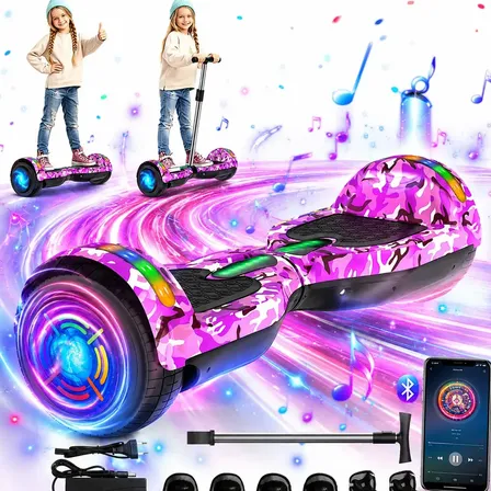 Hoverboard Skate Elétrico 6.5 Polegadas 700W LED Smart Balance Auto Equilíbrio Com Caixa de Som Bluetooth Integrada Barra de Apoio Kit de Proteção Para Crianças E Adultos Camuflado Rosa