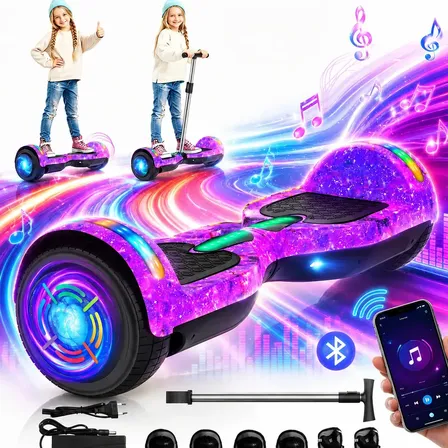Hoverboard Skate Elétrico 6.5 Polegadas 700W LED Smart Balance Auto Equilíbrio Com Caixa de Som Bluetooth Integrada Barra de Apoio Kit de Proteção Para Crianças E Adultos Roxo Galáxia