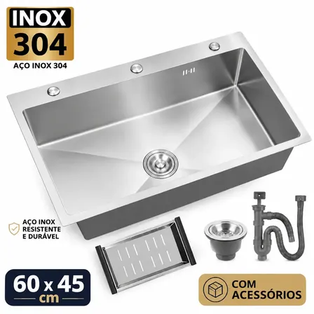 Pia De Cozinha Gourmet Retangular De Aço Inoxidável 304 Escovado 60x45cm Cinza Para Embutir Ou Sobrepor Com Acessórios