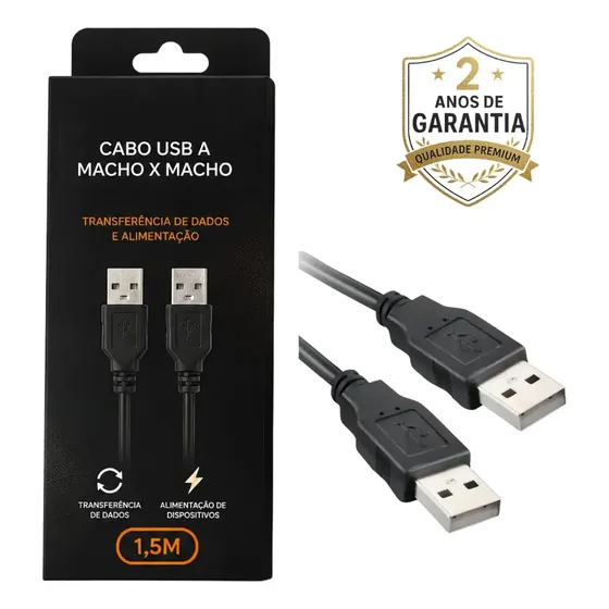 Cabo USB Tipo A Macho x Macho 1,5 Metros Para Transmissão de Dados Equipamentos Eletrônicos Conexão Entre PC Notebook Hub Preto RR88
