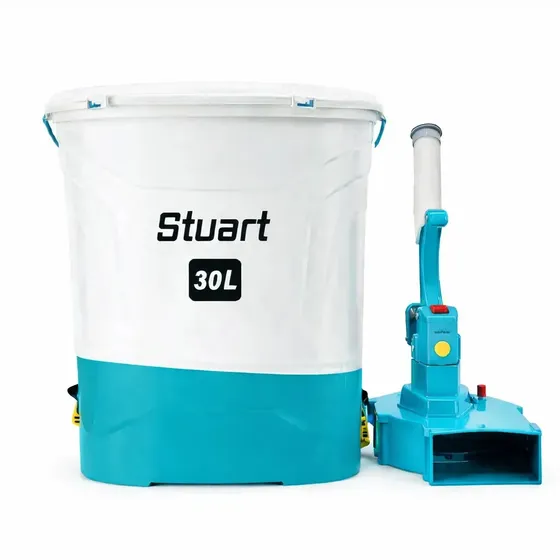Adubadeira E Semeadeira Costal 30 Litros Com Manopla Elétrica Direcional Bateria Recarregável 12v Controlador De Alcance Até 15 Metros Adubos Sementes Grãos Agro Multiuso Cor Branco - Stuart