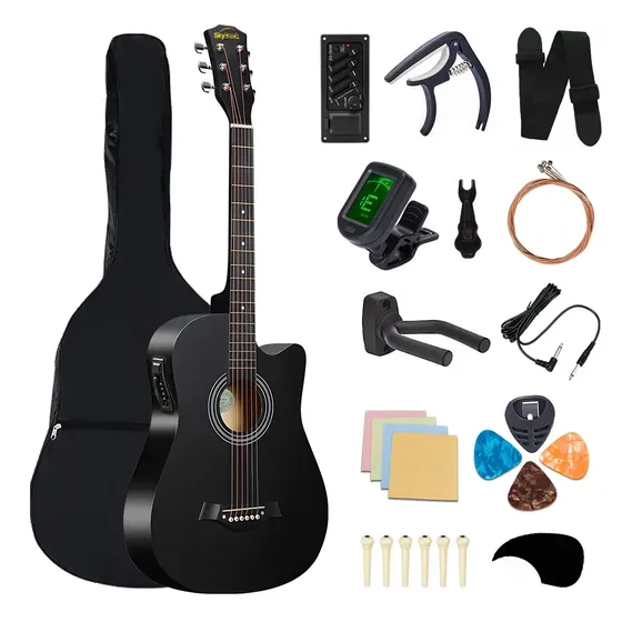 Kit Violão Eletroacústico 38In Preto Destro Completo Para Iniciante Eq 4 Bandas Com Capa Afinador Cordas Aço Acessórios