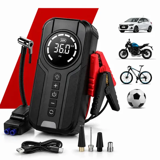 Mini Compressor De Ar Portátil 150 PSI Com Auxiliar De Partida 1500A Inflador Digital Sem Fio Power Bank Lanterna LED Para Carro Moto Bicicleta Bola Emergência Recarregável MidiaFone