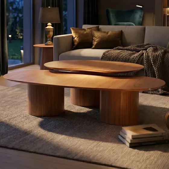 Conjunto Mesa De Centro Organica Lamina Madeira Natural Mel
