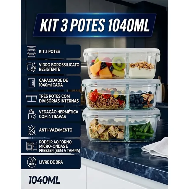 Kit 3 Potes de Vidro 1040ml com Divisória e Tampa Hermética Borossilicato Pítia