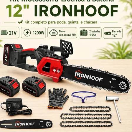 Motosserra a Bateria Ironhoof Profissional 21V com 2 Baterias e Corrente de 12"