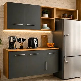 Armário De Cozinha Completo 150 Cm Com 5 Portas, 1 Gaveta E Nichos Organizadores - Blue Moby Cinamomo/grafite