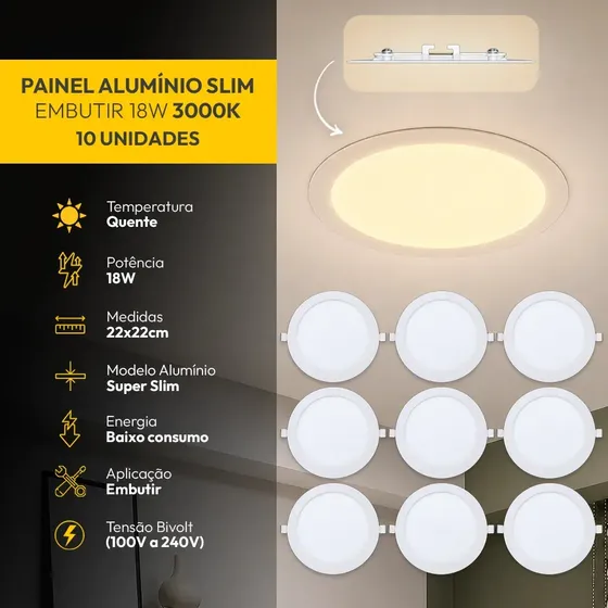 Kit 10 Painel Led Plafon Aluminio Embutir 18w 3000k Branco Quente 22cm Redondo Cod: ALUT001981-10 Alut By Avant