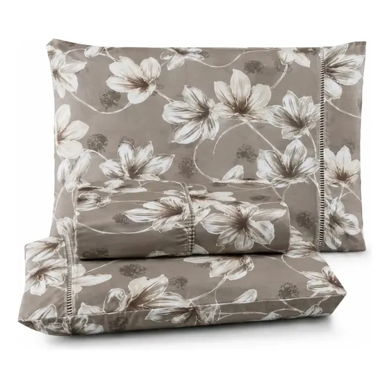 Jogo De Lençóis Casa Laura Enxovais Lençol 400 Fios Floral Taupe Estampado