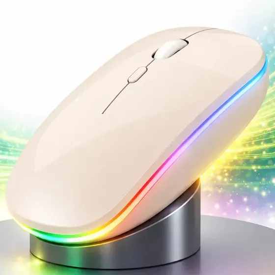 Mouse Sem Fio Recarregavel Rgb Usb Adaptador Ergonômico Creme