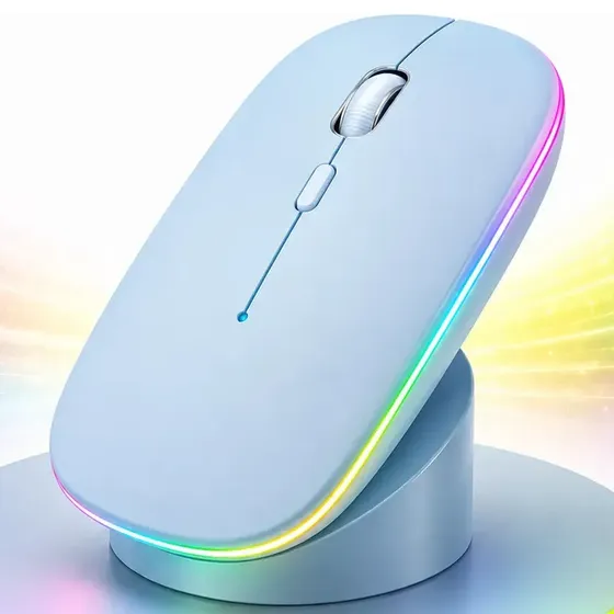 Mouse Sem Fio Recarregavel Rgb Usb Adaptador Ergonômico Azul Celeste