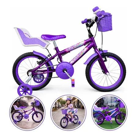 Bicicleta Infantil Menina Aro 16 Alumínio Cadeirinha Boneca Violeta 16