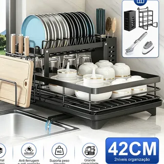 aweshine Escorredor Aço carbono Organizador Louças 2 Andares,Bandeja Coletora Com Drenagem Automática,Saída Dreno Giratória 360°,Multifuncional Porta Pratos Tigelas Talheres Copos, Com Escova Panelas
