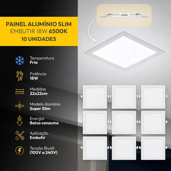 Kit 10 Painel Led Plafon Aluminio Embutir Quadrado 6500K Branco Frio 18w 22x22Cm