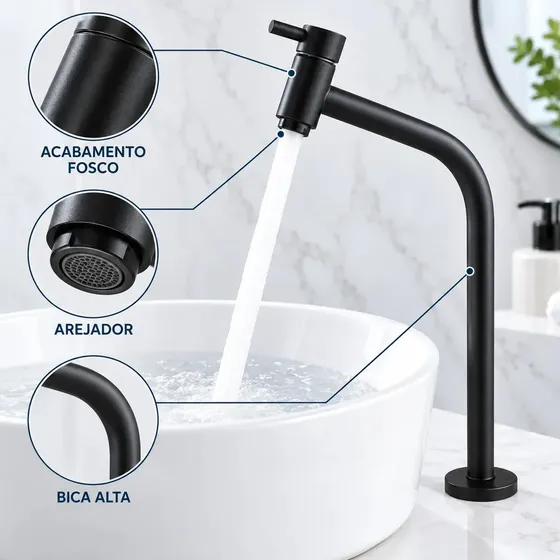 Torneira de banheiro Bica Alta Aço Inox 1/4 Volta Água Fria Preto Fosco Moderno