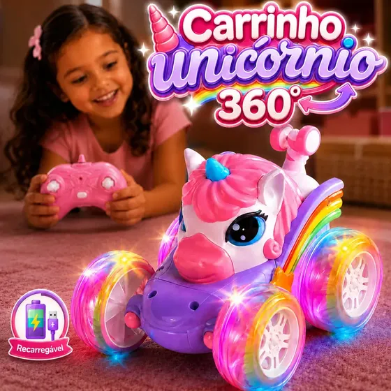 Carrinho de Controle Remoto Unicórnio Veloz Flow Dimension Rosa com Luzes de LED e Giro 360°