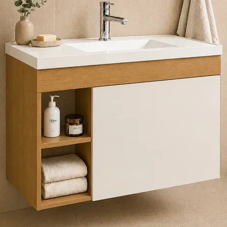 Armário Gabinete Suspenso para Banheiro com Cuba Compacta Moderna Nature/Off White - Blue Moby