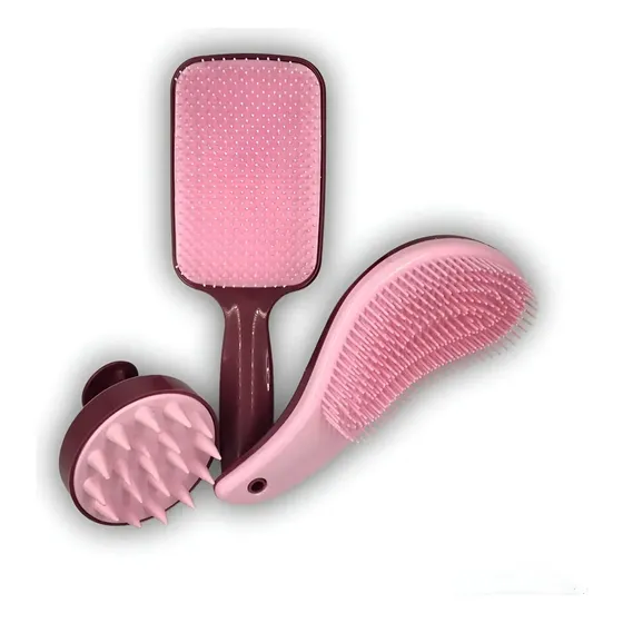 Kit Escovas Trio Raquete Flex, Escova Mágica E Escova Massag Cor Açaí/Rosa Bebê