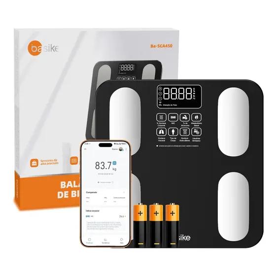 Balança Digital Corporal de Bioimpedância • Máxima Precisão • 13 Indicadores Profissionais • IMC • Até 180kg • Painel LED e Conexão Bluetooth • Aplicativo • Alimentação • Saúde • Academia • Basike
