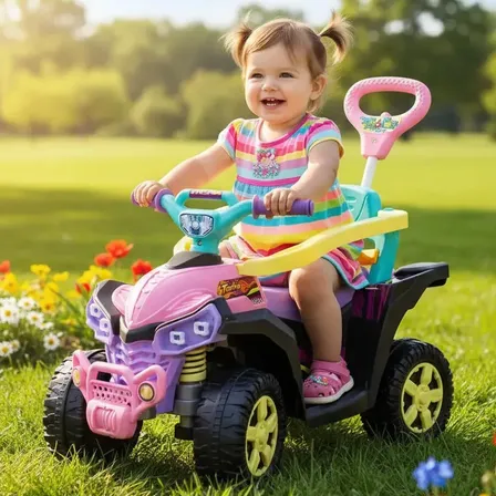 Carrinho De Passeio Infantil Quadriciclo Andador Meninas Rosa Empurrador Baby Quad Com Buzina e Cinto