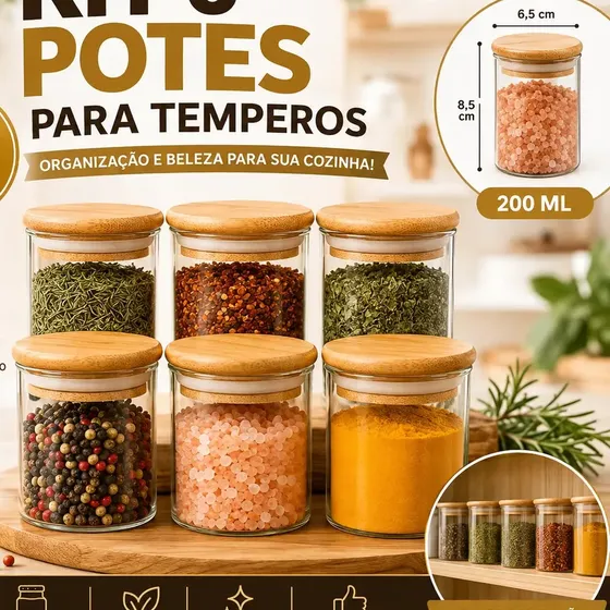 Kit 6 Pote de Vidro com Tampa Bambu 200ML Potes Herméticos Porta Mantimento Hermético à Prova Odores