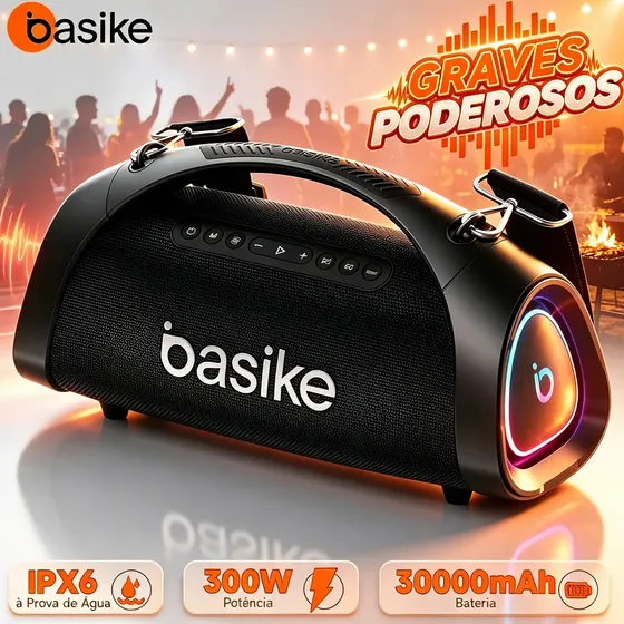 Caixa de Som Bluetooth Basike Boombox 300W RMS TWS com Subwoofer e RGB, IP67 à Prova de Poeira e IP67 à Prova de Água, Bateria 30000mAh (24h), Alça de Transporte, Ideal para Churrasco e Praia