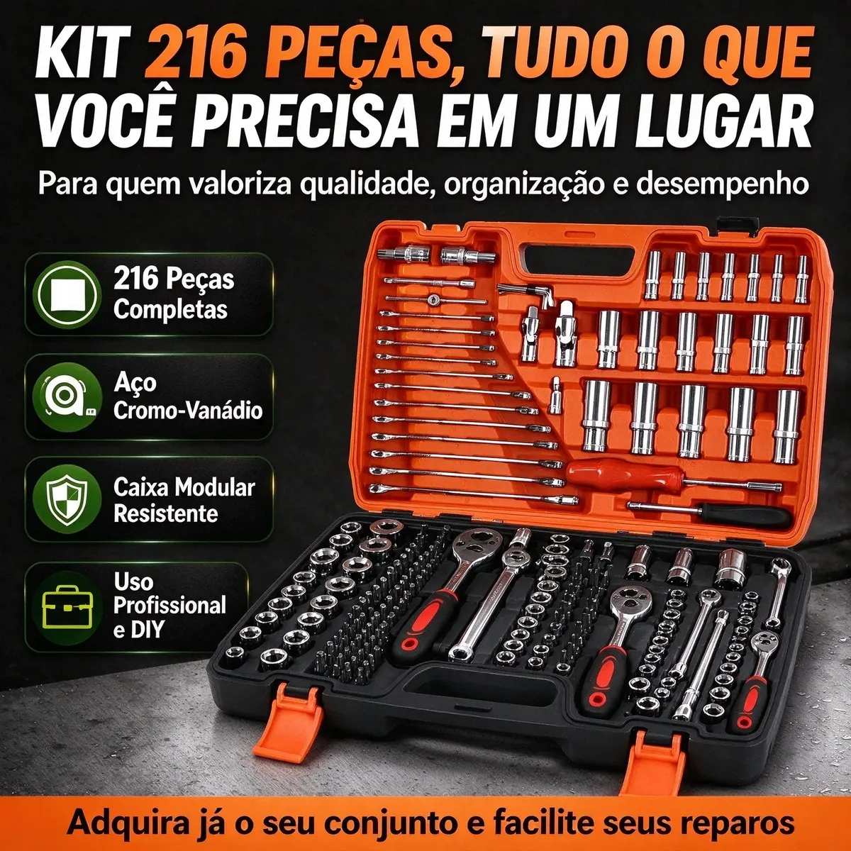 Kit Jogo De Soquete Chave Catraca 216 Pcs Aço Cr-v Vermelho Ocre