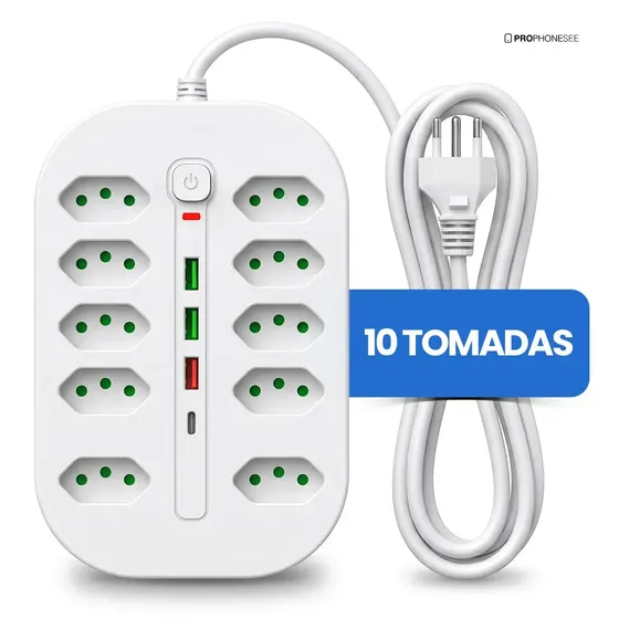 Extensão Elétrica 10 Tomadas 3 USB 1 USB-C Pd Filtro de Linha com Proteção de Sobrecarga Tomada Multipla Tripolar Cabo 2 metros Régua Energia Com Interruptor De Segurança Protetor De Surto Bivolt