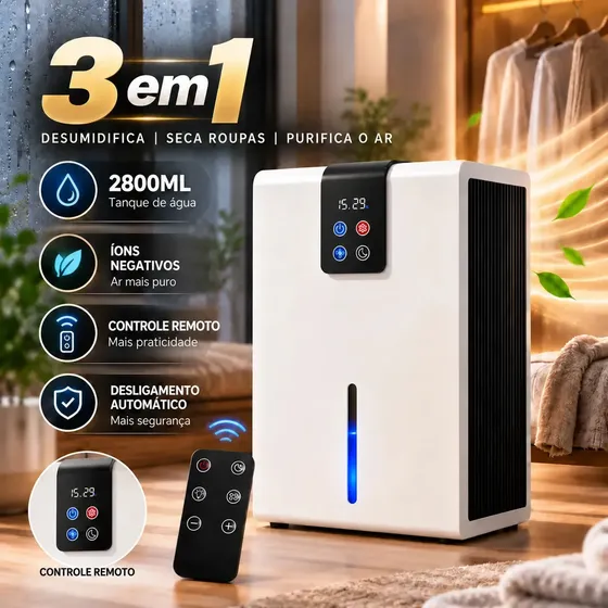 Desumidificador De Ar Elétrico Ntesx 90w Com Purificador, Secador De Roupas E Desligamento Automático Branco 220v