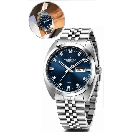 Relógio Technos Masculino Prata Automático Aço Inoxidável Prova Dágua Original Fundo Azul Social Executivo Luxo Elegante