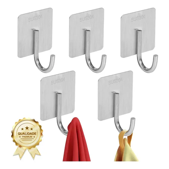 Kit 5 Ganchos Autoadesivos em Inox 304 Escovado, para Banheiro, Cozinha e Quarto