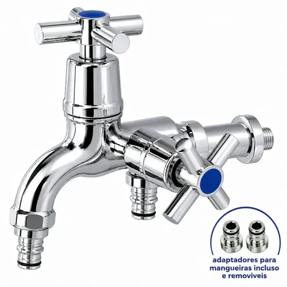 Torneira Dupla Máquina De Lavar Tanque Jardim Lavanderia Multiuso Duas Saídas ABS Cromada Brilhante