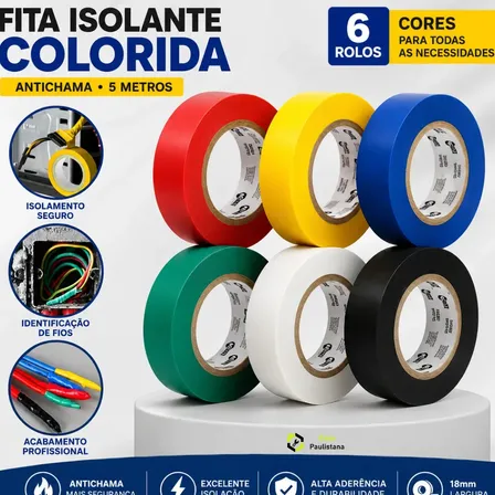 Fita Isolante Colorida Anti Chama 5m Elétrica Atacado 6 Rolos Casa Paulistana Vermelha Verde Azul Amarela Preta Branca Lisa