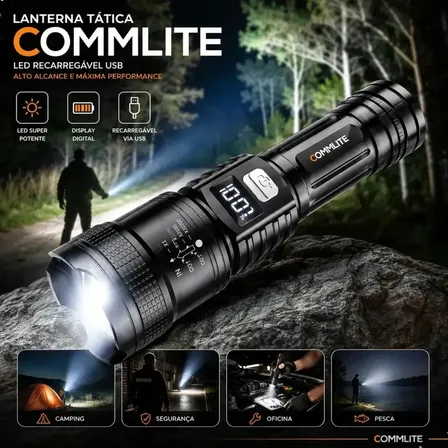 Lanterna Tática Recarregável Atualizada Led Visor Digital Zoom Telescopico Abs 3 Modos Iluminação Usb Display Digital Zoom Potente Alta Potência Commlite Branco Preto